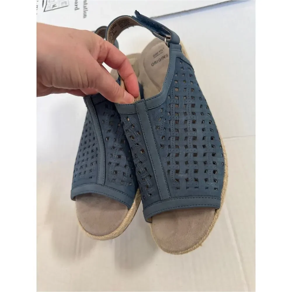 Earth Origins Blue Faux Leather Espadrille Wedges Womens 11 Beachy Sandal Vaca